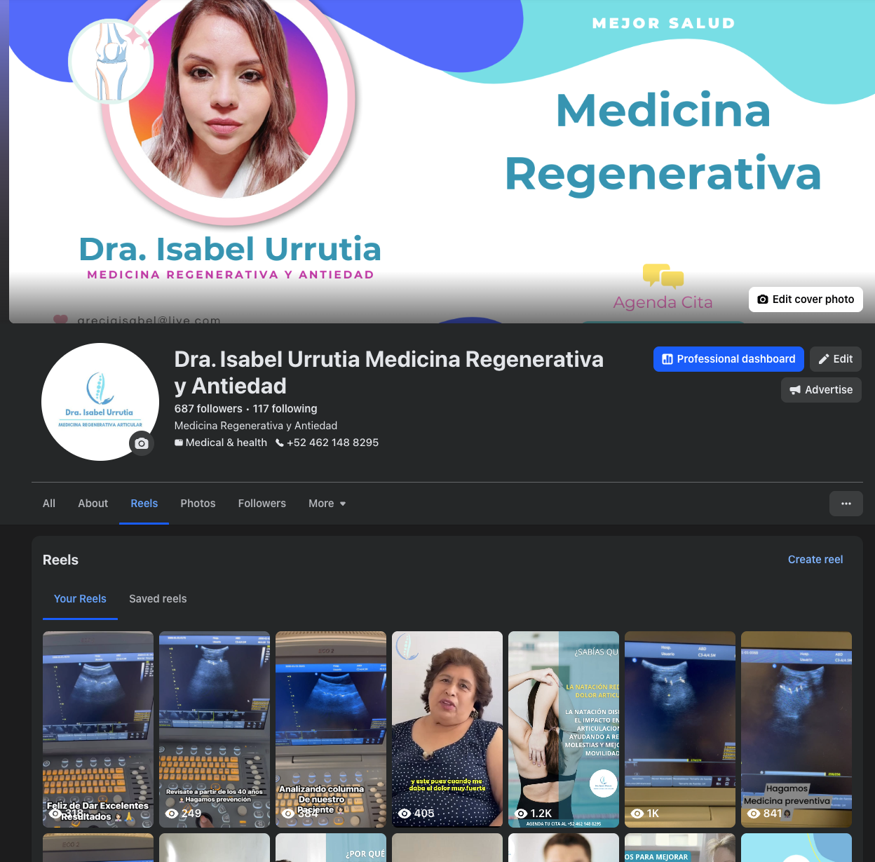 Vista previa de la página de Facebook Dra. Isabel Urrutia Medicina Regenerativa